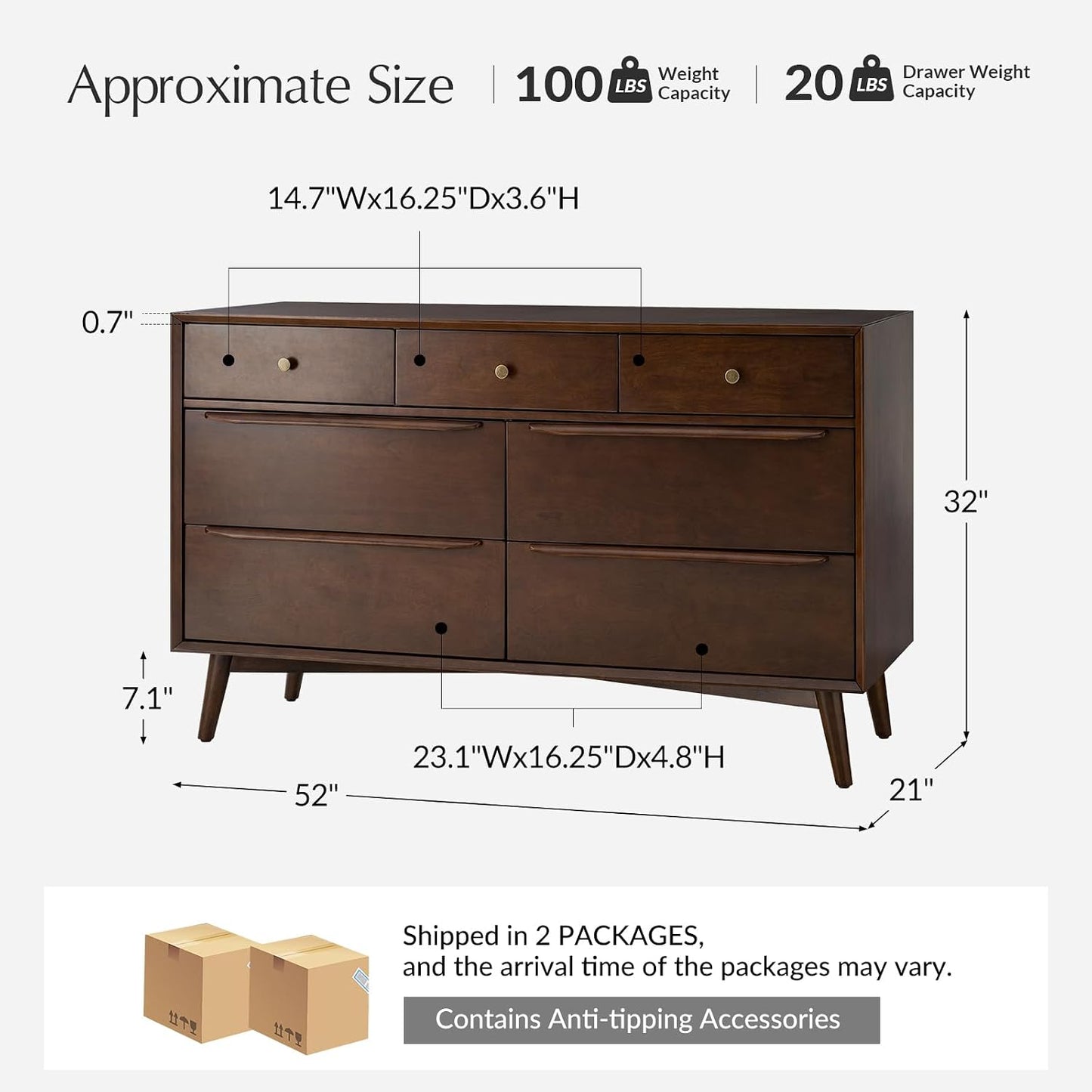 Mid-Century Modern 7-Drawer Dresser with Solid Wood Legs and Safety Anti-Tip Design