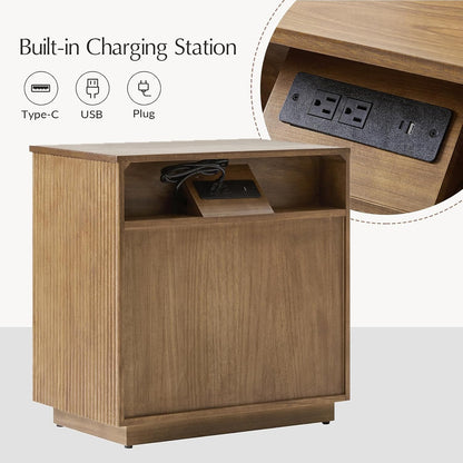 Solid Wood End Table with Built-In Charging Station and Fluted Drawer Design