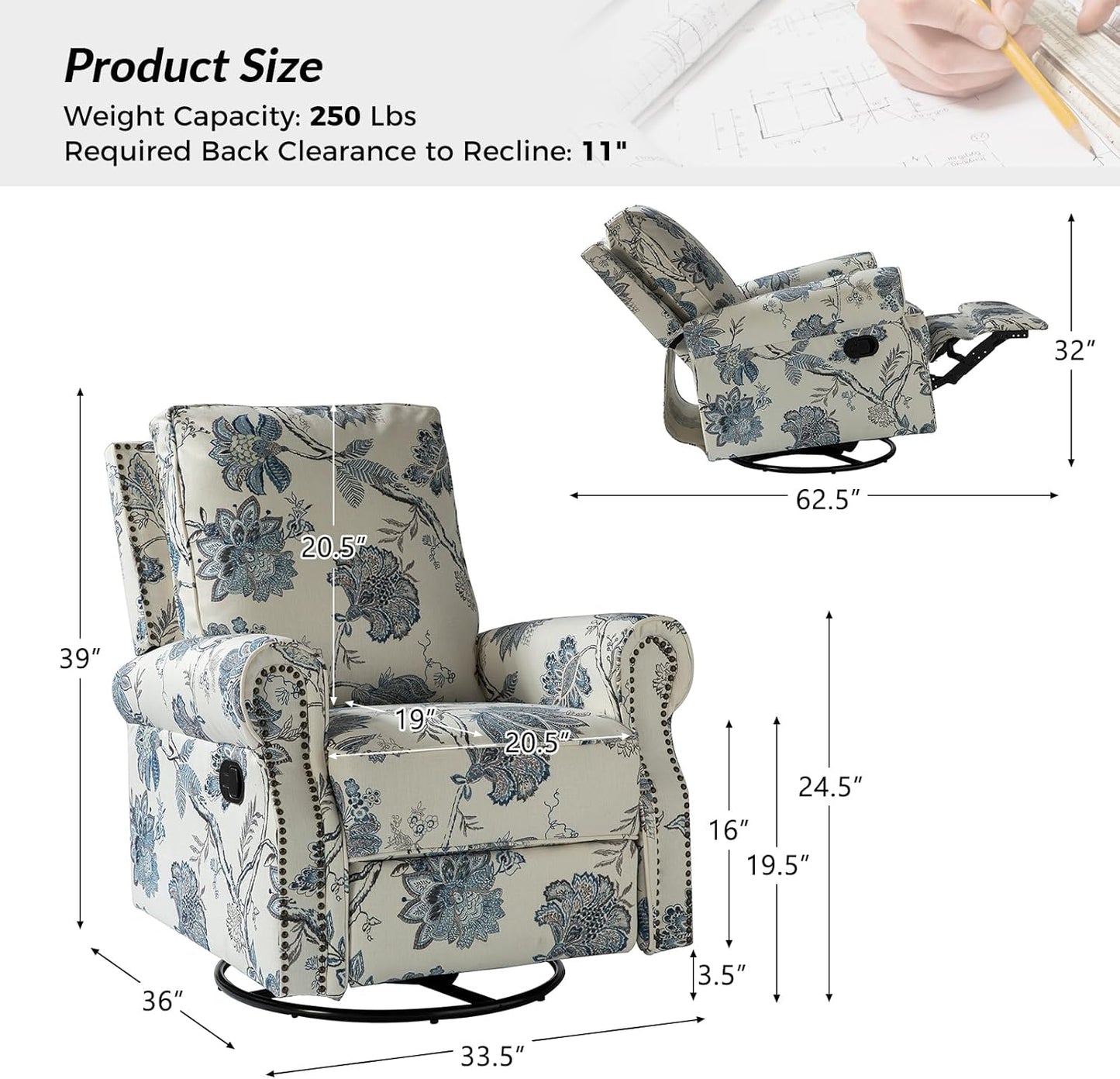 Swivel Rocking Recliner Chair with Adjustable Backrest and Plush Comfort Cushioning