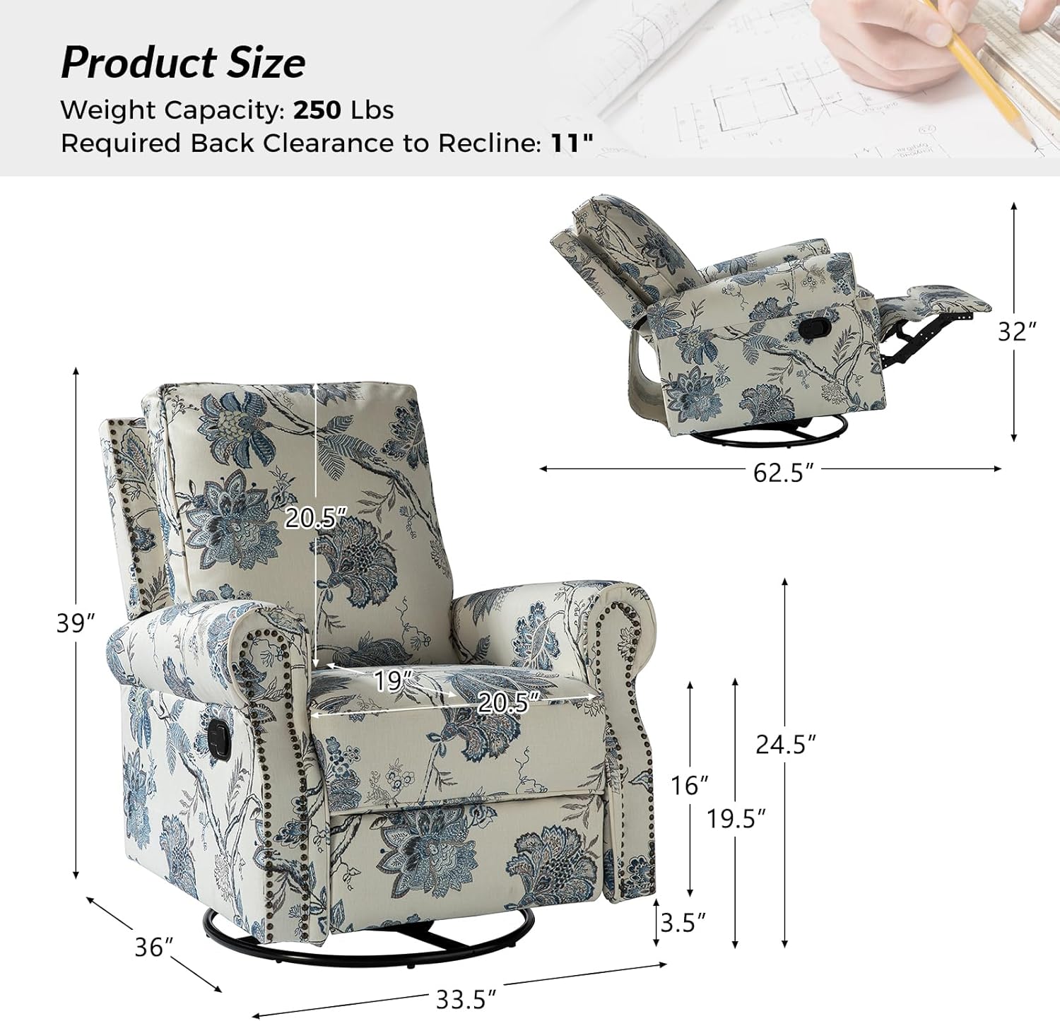 Swivel Rocking Recliner Chair with Adjustable Backrest and Plush Comfort Cushioning