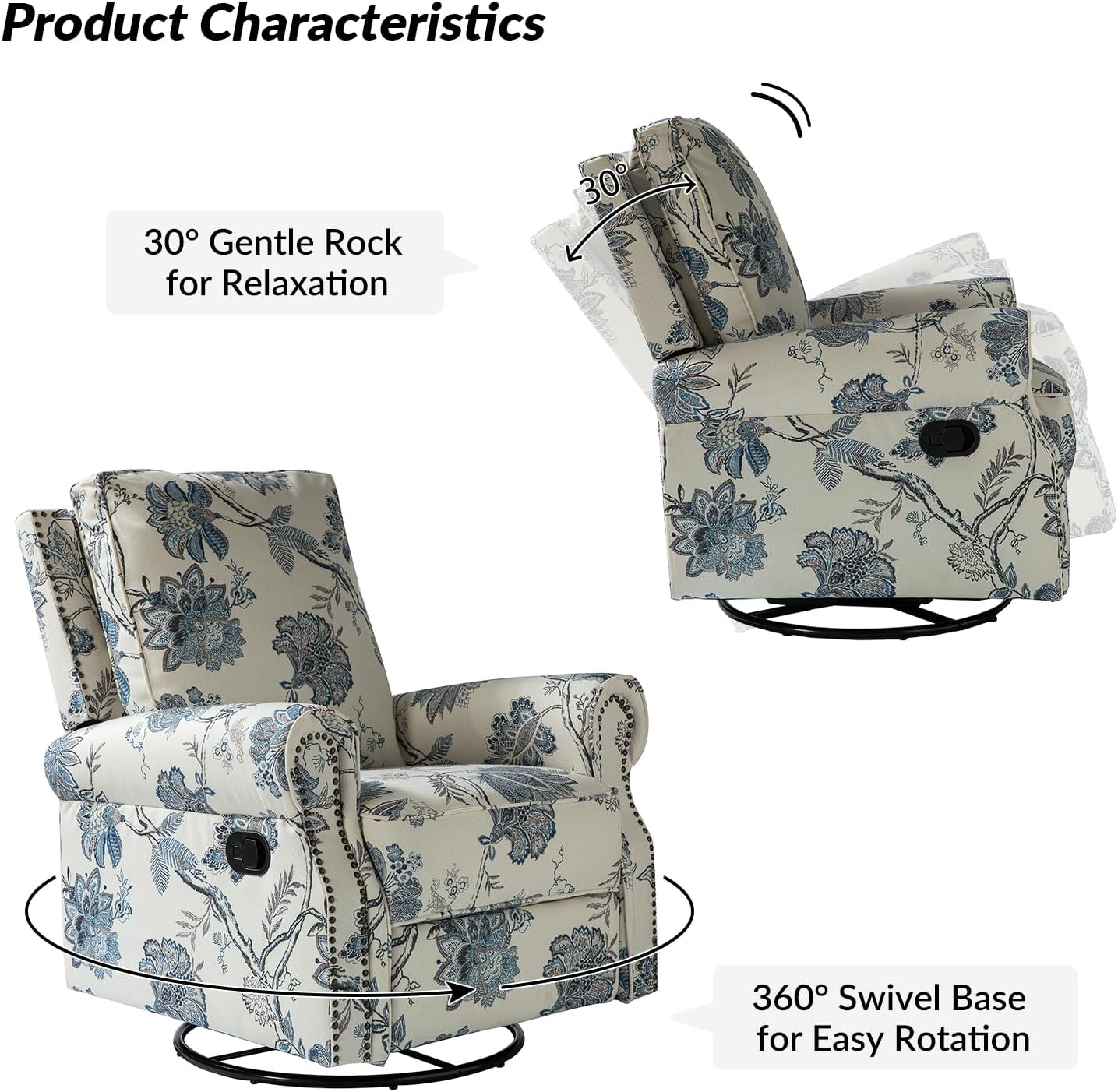 Swivel Rocking Recliner Chair with Adjustable Backrest and Plush Comfort Cushioning