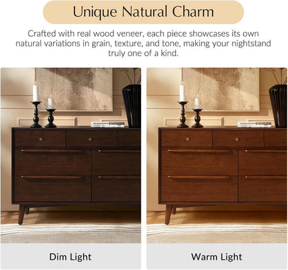Mid-Century Modern 7-Drawer Dresser with Solid Wood Legs and Safety Anti-Tip Design