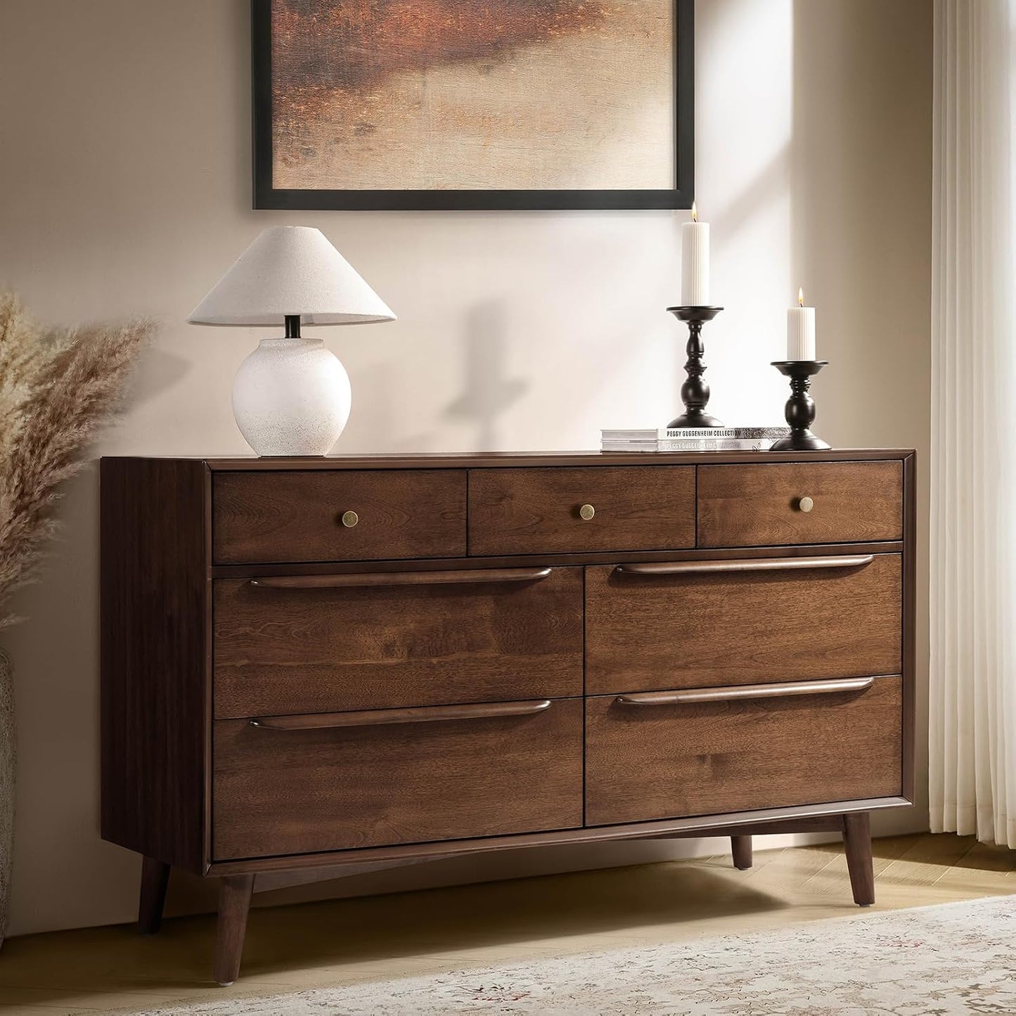 Mid-Century Modern 7-Drawer Dresser with Solid Wood Legs and Safety Anti-Tip Design