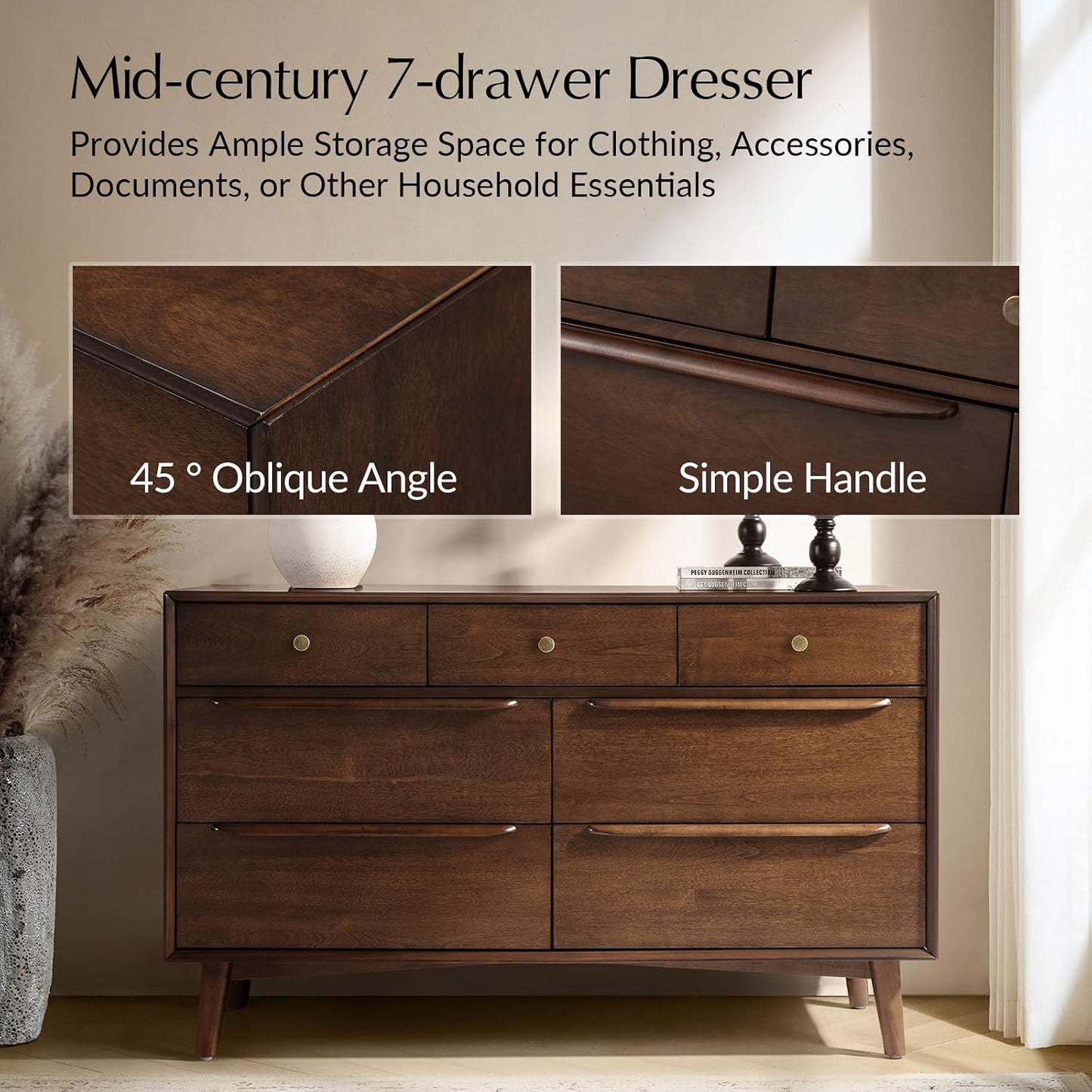 Mid-Century Modern 7-Drawer Dresser with Solid Wood Legs and Safety Anti-Tip Design