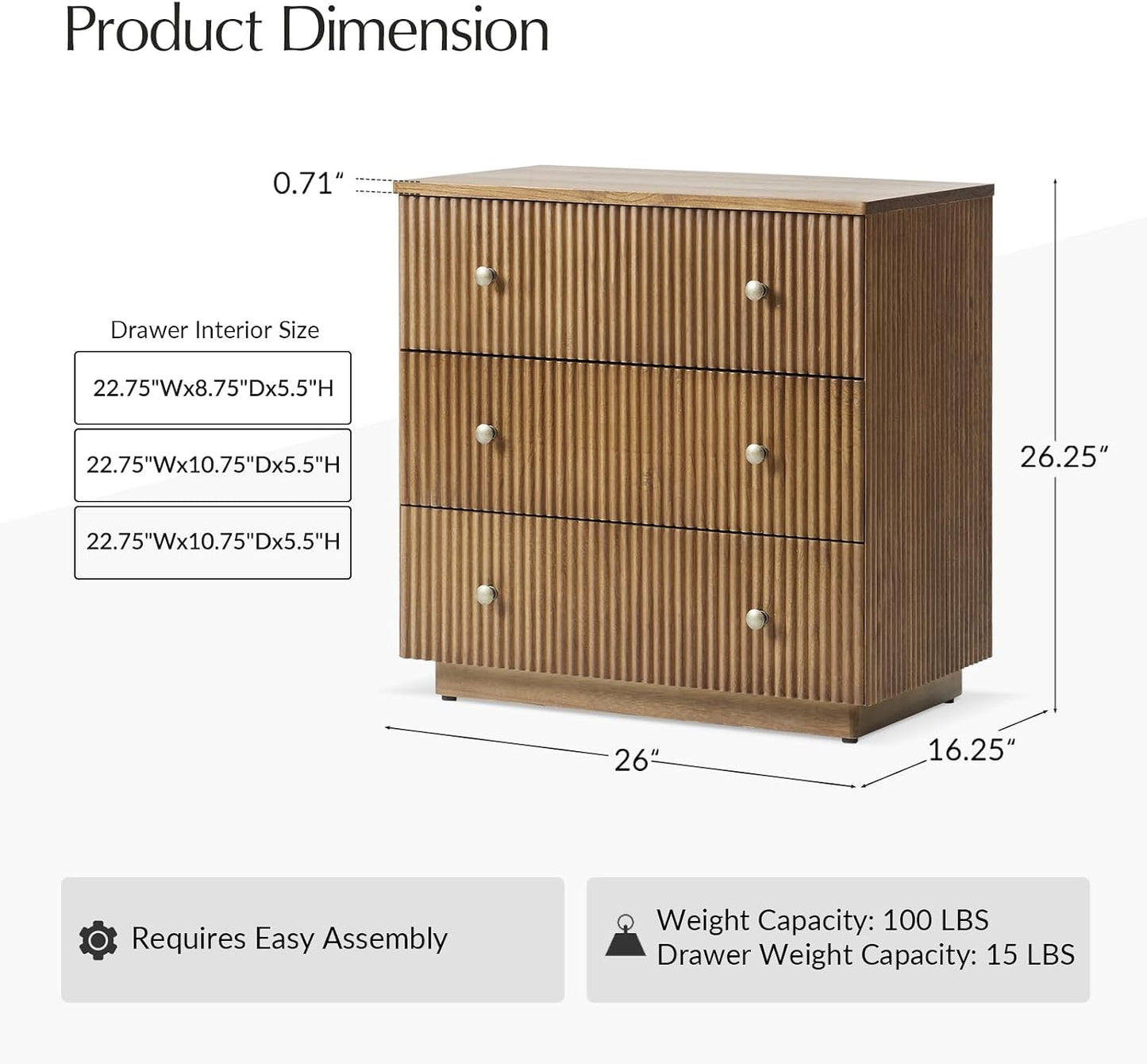 Solid Wood End Table with Built-In Charging Station and Fluted Drawer Design