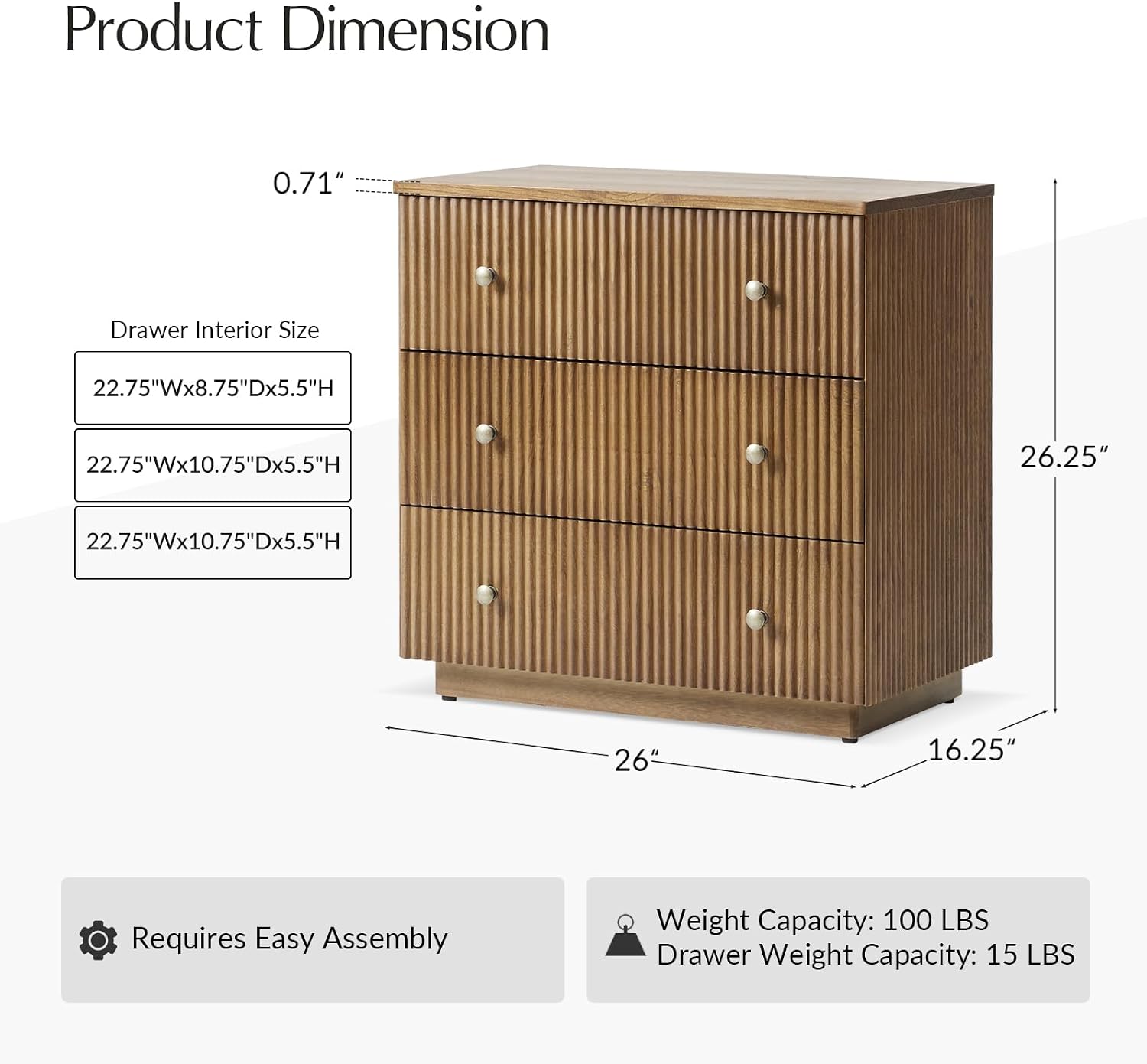 Solid Wood End Table with Built-In Charging Station and Fluted Drawer Design