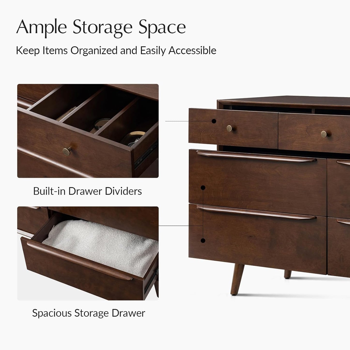 Mid-Century Modern 7-Drawer Dresser with Solid Wood Legs and Safety Anti-Tip Design