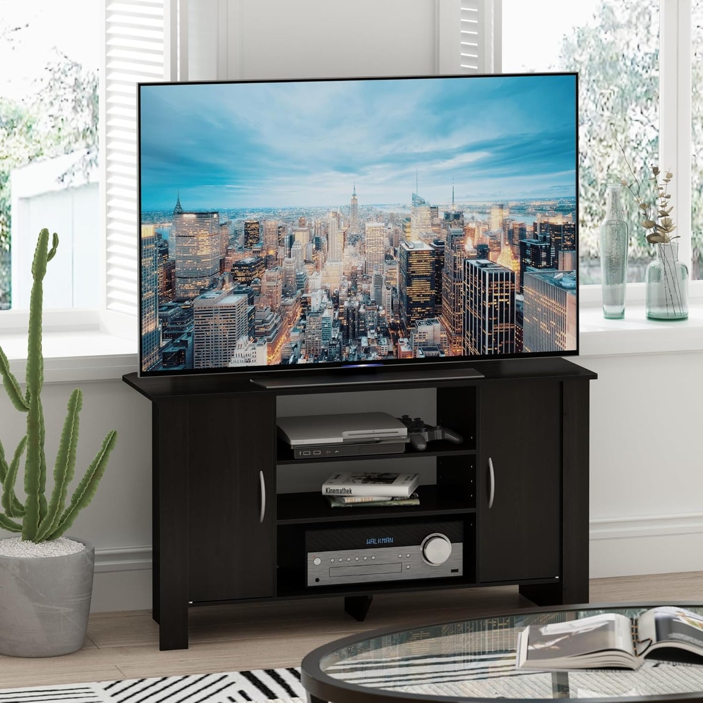 Modern TV Stand Entertainment Center with Storage Shelves – Minimalist Media Console for Living Room, Bedroom & Small Spaces