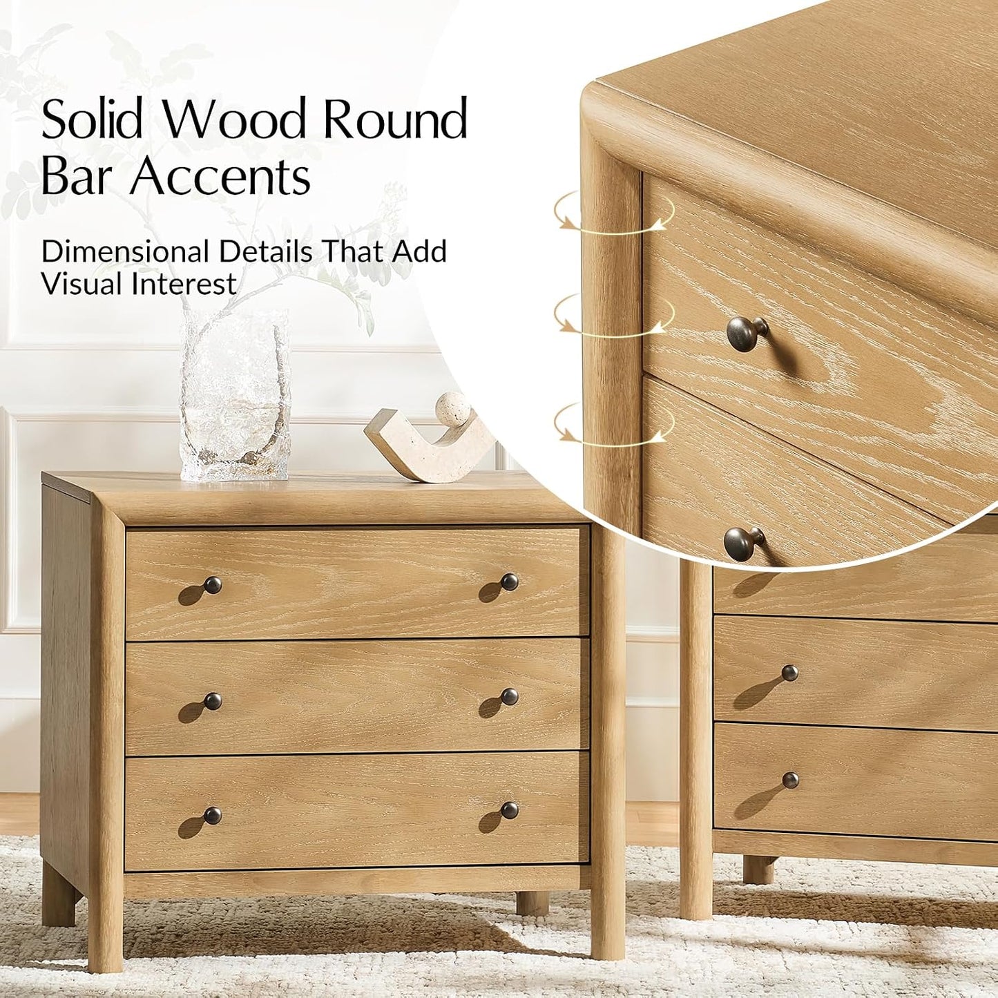Solid Wood Nightstand with Built-In Charging Station and 3-Drawer Storage