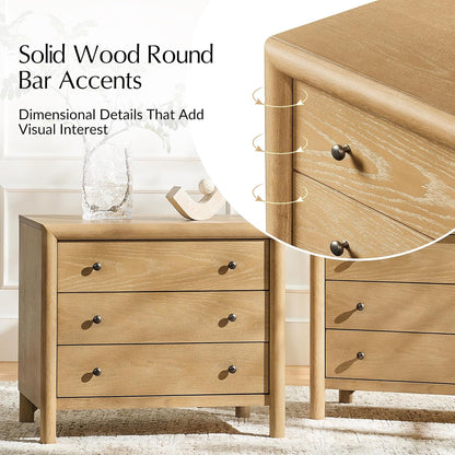 Solid Wood Nightstand with Built-In Charging Station and 3-Drawer Storage