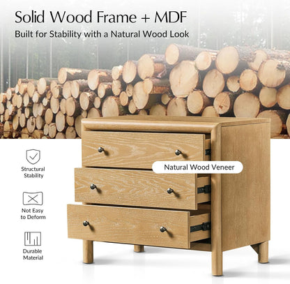 Solid Wood Nightstand with Built-In Charging Station and 3-Drawer Storage