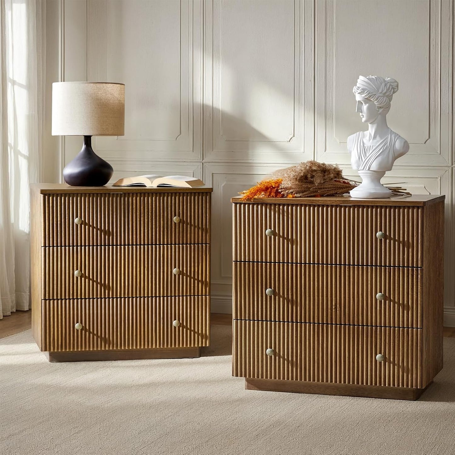 Solid Wood End Table with Built-In Charging Station and Fluted Drawer Design