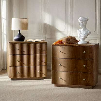 Solid Wood End Table with Built-In Charging Station and Fluted Drawer Design