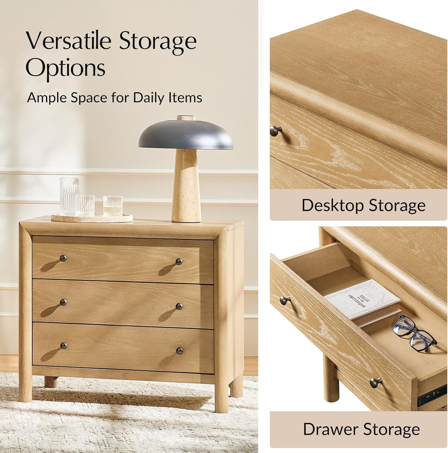 Solid Wood Nightstand with Built-In Charging Station and 3-Drawer Storage