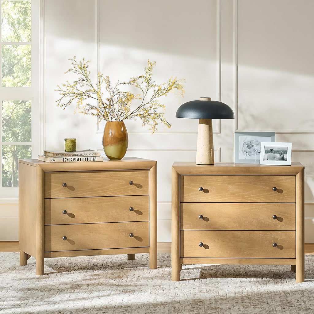 Solid Wood Nightstand with Built-In Charging Station and 3-Drawer Storage