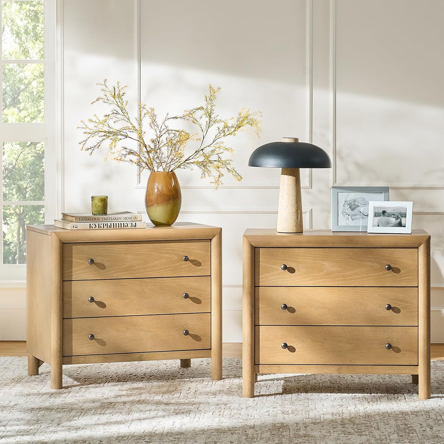Solid Wood Nightstand with Built-In Charging Station and 3-Drawer Storage