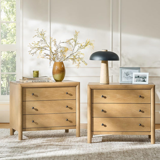 Solid Wood Nightstand with Built-In Charging Station and 3-Drawer Storage
