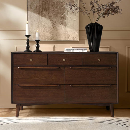 Mid-Century Modern 7-Drawer Dresser with Solid Wood Legs and Safety Anti-Tip Design