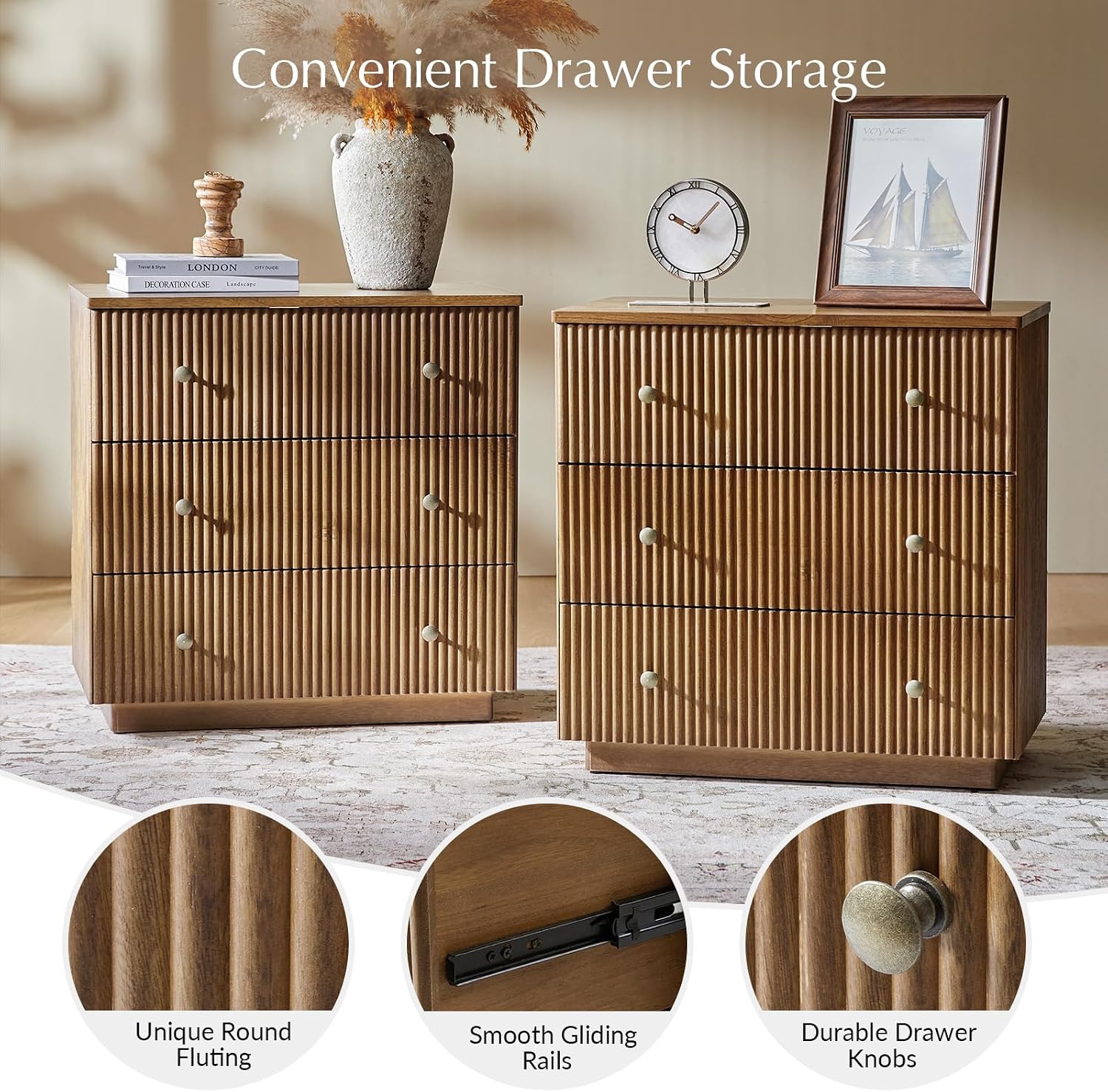 Solid Wood End Table with Built-In Charging Station and Fluted Drawer Design