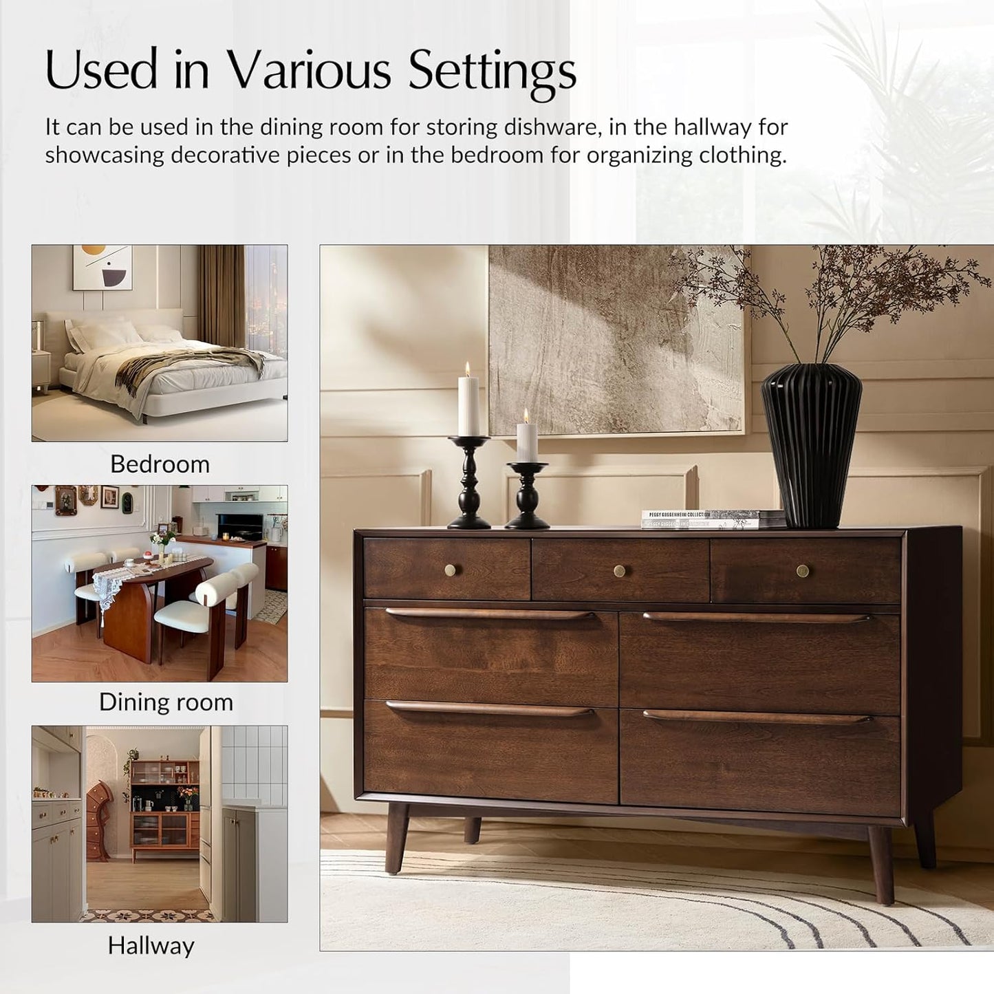 Mid-Century Modern 7-Drawer Dresser with Solid Wood Legs and Safety Anti-Tip Design