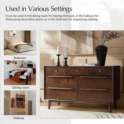 Mid-Century Modern 7-Drawer Dresser with Solid Wood Legs and Safety Anti-Tip Design